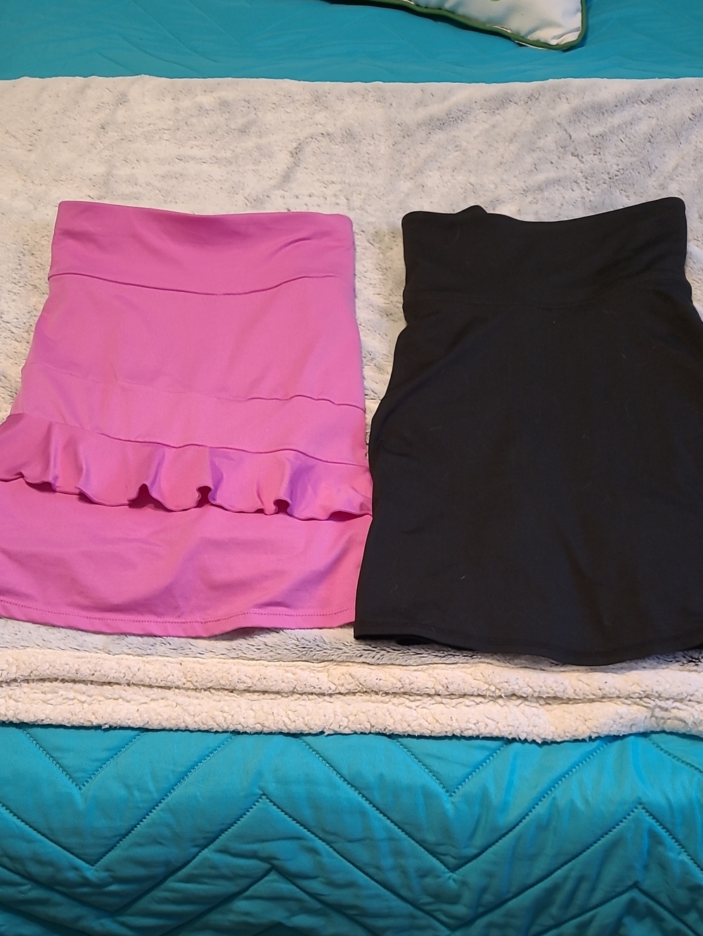 Pink and Black Mini Skort Duo — Stretchy Ruffle & Sleek Styles